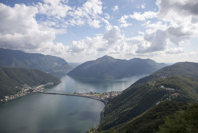 Scenic view of river and mountains against sky