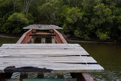 View of jetty in lake against trees in forest