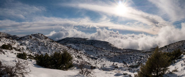 Scenic view of snowcapped mountains against sky