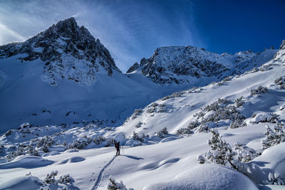 Scenic view of snow covered mountains against sky