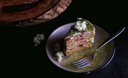 High angle view of cake in plate on table