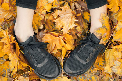 Low section of woman standing on dry leaves