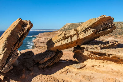 Rock formations on beach against clear blue sky