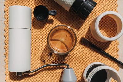 High angle view of objects on table