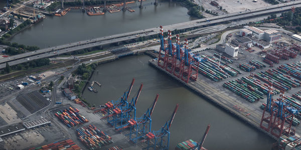 High angle view of commercial dock in city