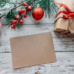 High angle view of christmas decorations on table