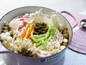 High angle view of food in bowl on table