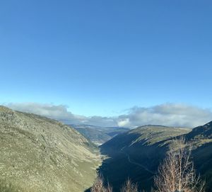 Scenic view of mountains against clear blue sky