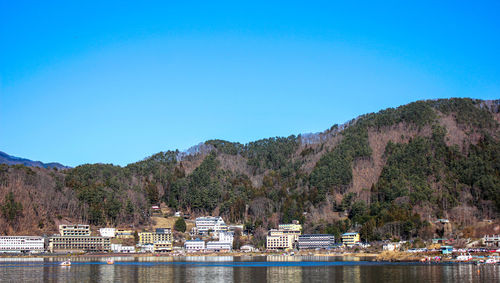 Scenic view of river and mountains against clear blue sky