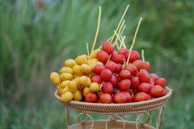 Close-up of fruits in basket. date palm,