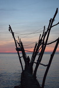 Silhouette wooden post in sea against sky during sunset