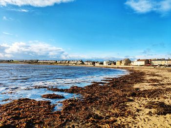 Scenic view of beach against blue sky