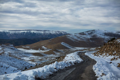 Scenic view of snow covered mountains against sky