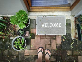 Low section of woman standing by welcome mat at doorway