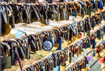 Close-up of padlocks hanging on railing