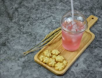 High angle view of drink in glass jar on table