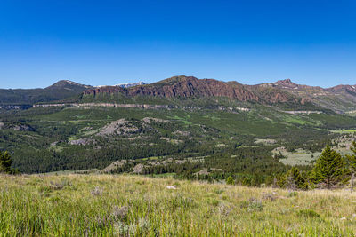 Scenic view of landscape against clear blue sky