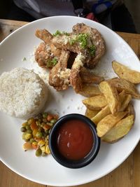 High angle view of food in plate on table