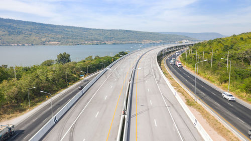 High angle view of highway against sky