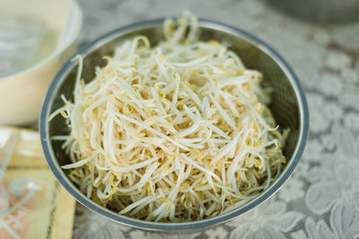 High angle view of noodles in bowl on table