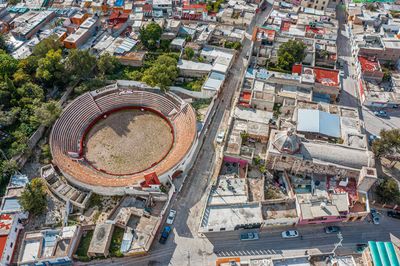 High angle view of buildings in city