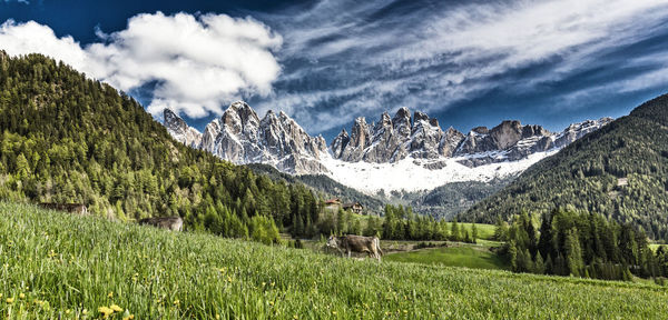 Scenic view of mountains against cloudy sky