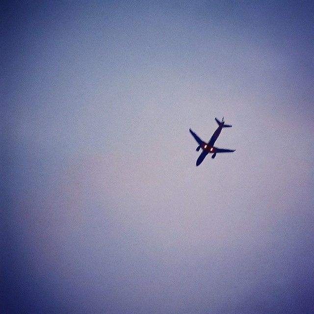 airplane, flying, air vehicle, transportation, mode of transport, mid-air, copy space, low angle view, on the move, journey, travel, public transportation, aircraft wing, blue, clear sky, sky, commercial airplane, airways, outdoors, aircraft