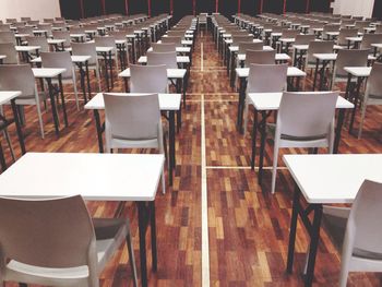 Empty chairs and table in restaurant