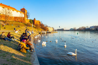 High angle view of people in lake