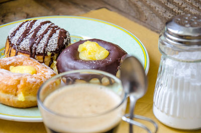 Close-up of chocolate donuts