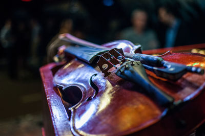 Close-up of violin in case