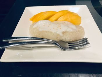 Close-up of dessert in plate on table