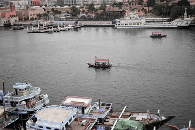 High angle view of boats in river