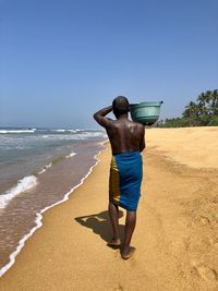 Rear view of shirtless man standing on beach