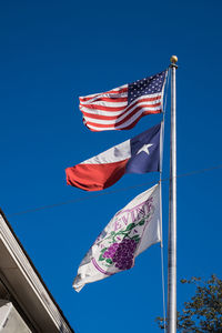 Low angle view of various flag against clear blue sky