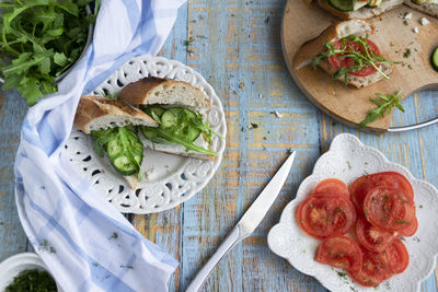 High angle view of meal served on table