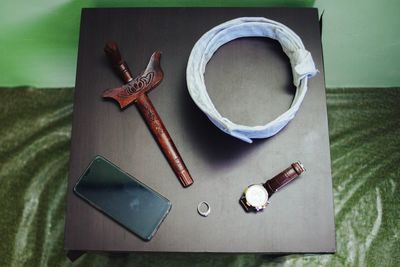 High angle view of book on table