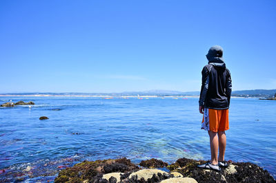 Rear view of man standing by sea against blue sky