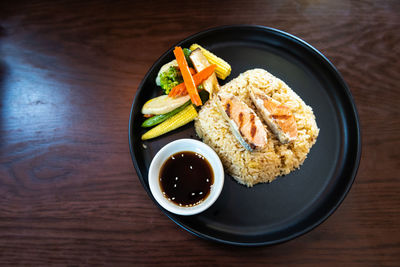 High angle view of breakfast served on table