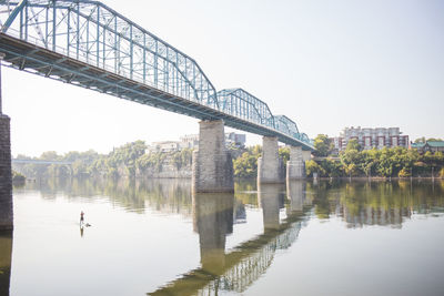 Bridge over river in city against clear sky