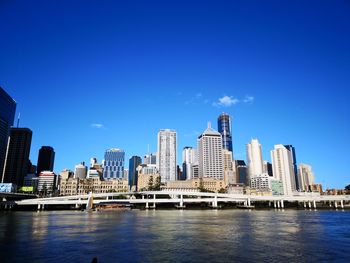 River by city buildings against blue sky