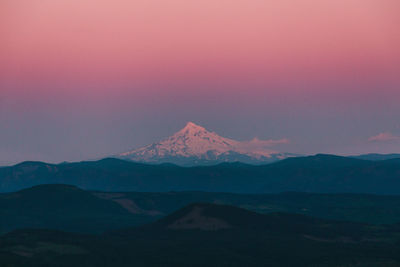 Scenic view of snowcapped mountains against sky during sunset