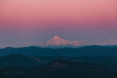 Scenic view of snowcapped mountains against sky during sunset