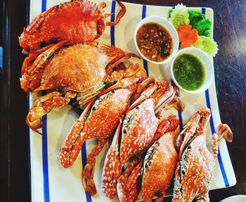 High angle view of meal served on table