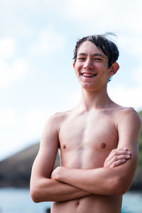 Laughing teenager at haunama bay in hawaii