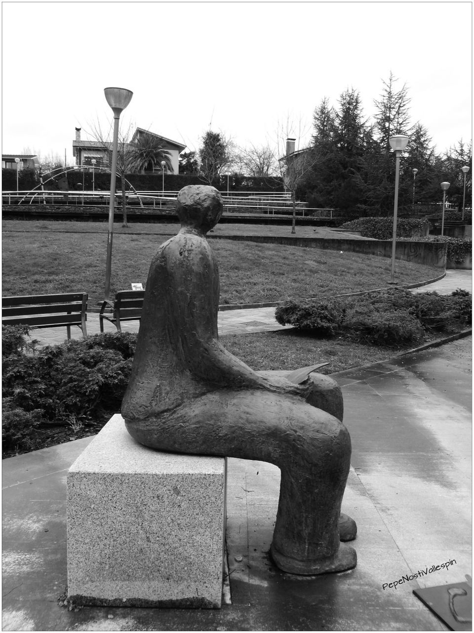 statue, sculpture, human representation, art and craft, art, creativity, animal representation, fountain, park - man made space, water, tree, outdoors, sky, built structure, clear sky, day, park, auto post production filter