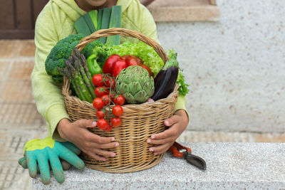 High angle view of strawberries in basket