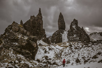 Rear view of hikers during winter