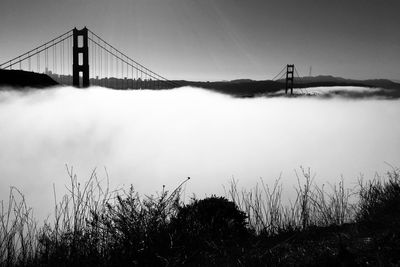 View of suspension bridge over river