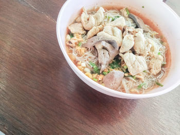 High angle view of soup in bowl on table